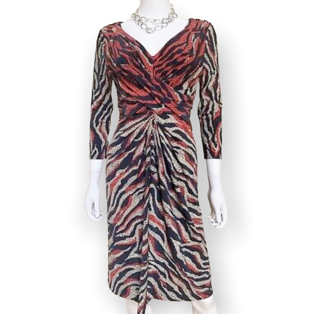Anne Klein Reptile Zebra Stripe Wrap Bodice Gathered Skirt Sheath Dress